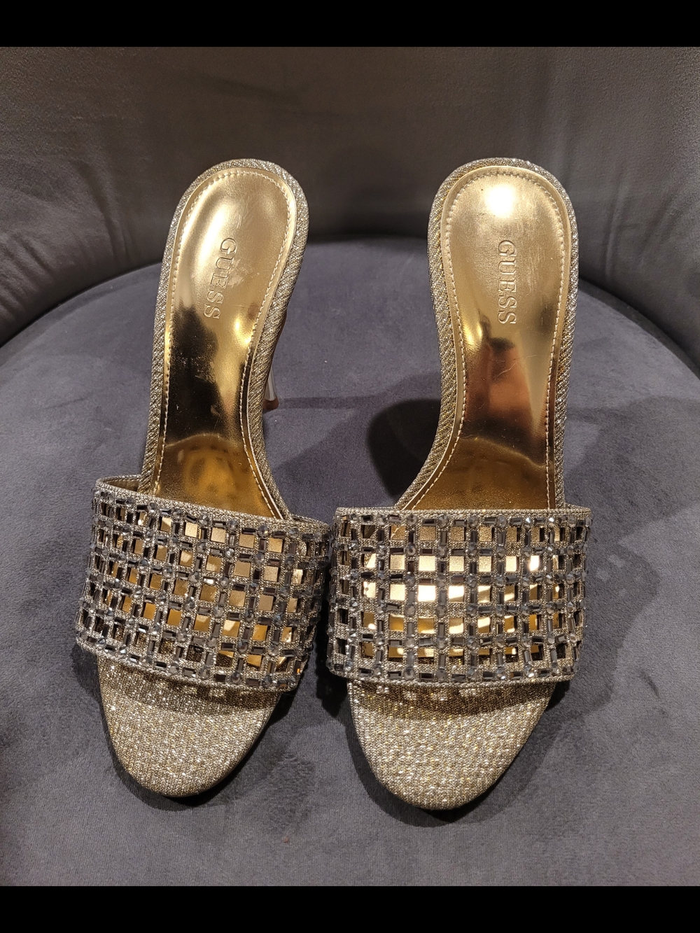 GUESS Gold Crystal-Embellished Slide Sandals